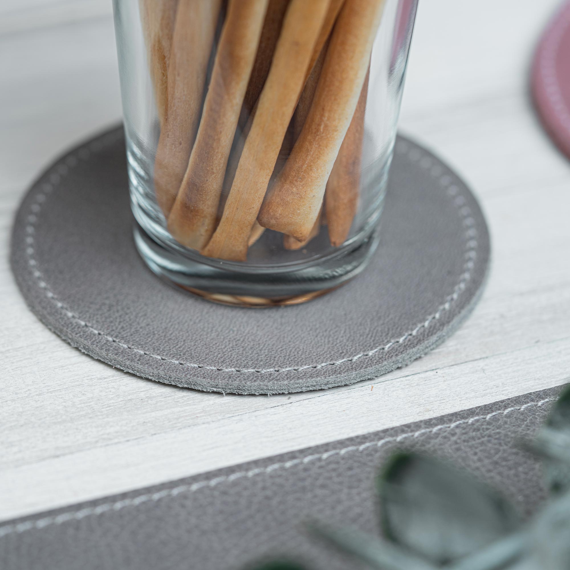 Glasuntersetzer aus Leder Rund Grau
